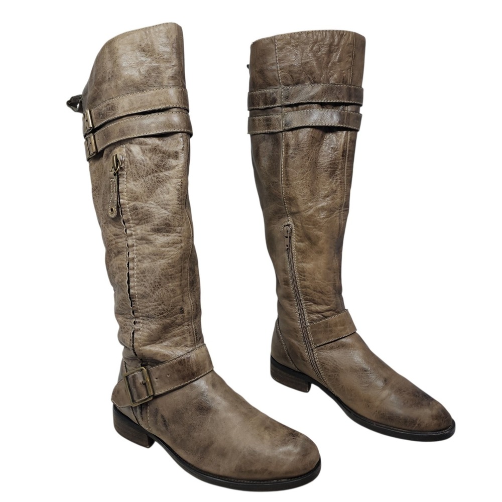 Miz Mooz Riding Boots 7‎ Women Kellen Brown Leather Tall Moto Buckle Distressed